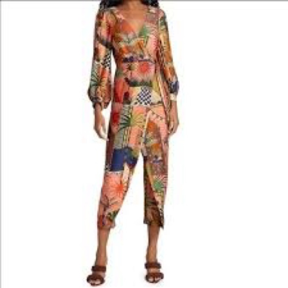 Farm Rio Mystic City Midi Dress Handkerchief Hem Tropical Print Size XS